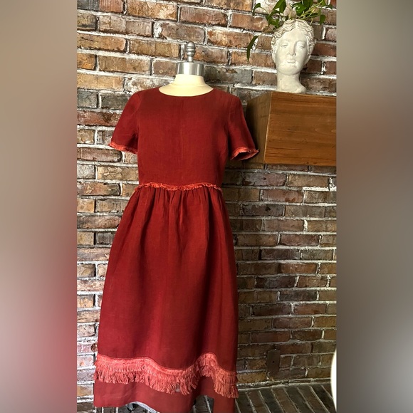 Weekend Max Mara Val Linen Fringe-Trim Midi Dress - Sz 14 - Picture 3 of 15